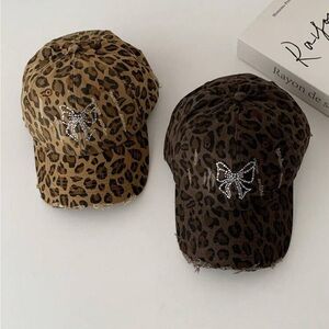 Adjustable Brown & Black Cheetah Print Rhinestone Bowknot Baseball Cap OS New